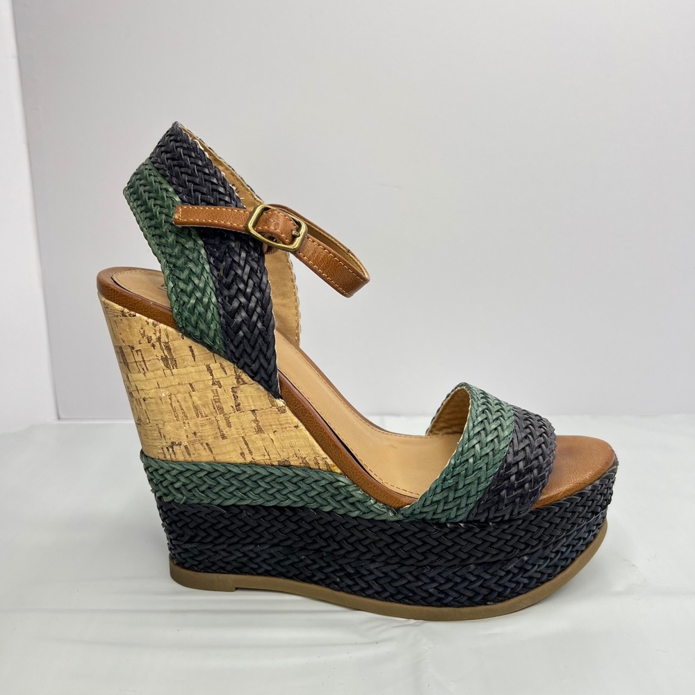 Woven Rafia Platform Wedge Sandals Blue Green Cork Braided Buckle Boho Festival